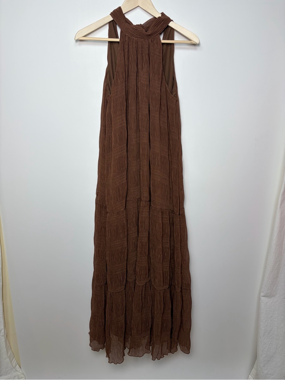 House of Harlow Chocolate Brown Tiered Maxi Dress Halter Crinkle Chiffon Boho